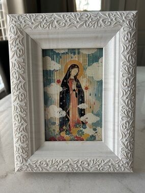 White Ornate Picture Frame with Mother Mary Religious Print